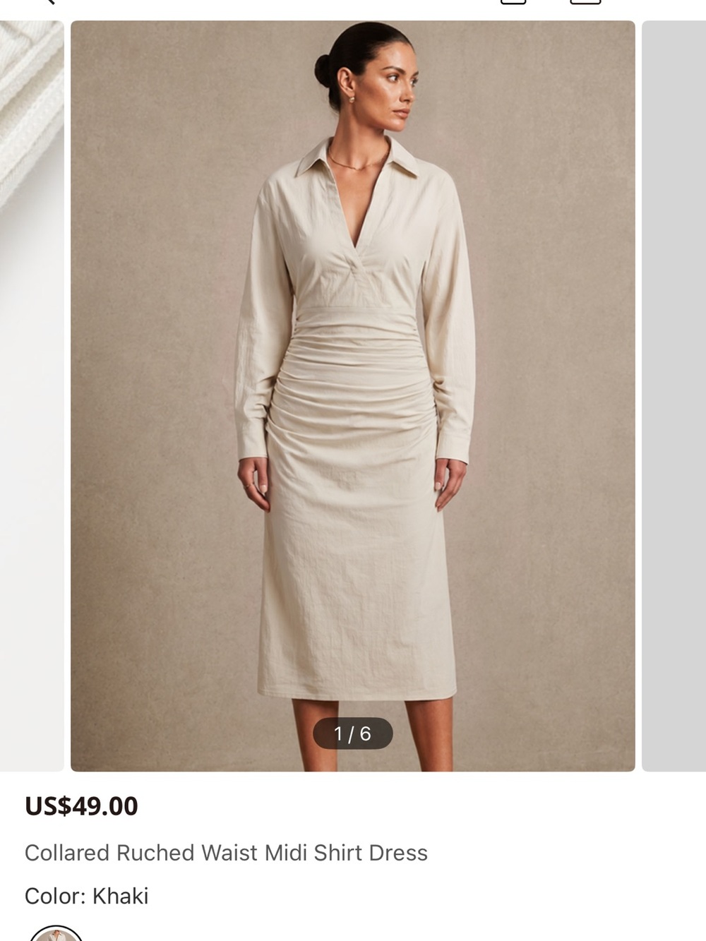 Commense Cream Ruched Collared Midi Dress